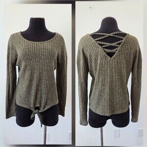 Green Ribknit Top Corset Tie Strappy Shirt Hippie Gypsy Casual Neutral Earthy
